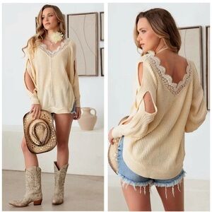 Thinkable-Lace Side Slits Cut Out Sleeve Sweater